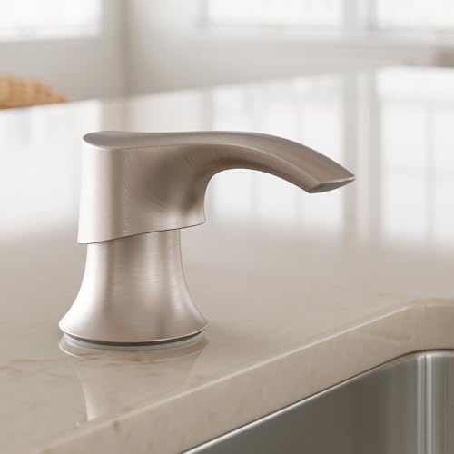 SoloTilt Kitchen Sink Soap Dispenser Counter-Mounted Stainless Steel Finish with Forward Tilting Thumb-Activated Pump Head and 16 oz Bottle for Dish Soap KSDKEMGS