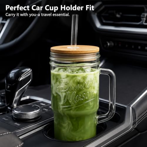 Glass Cups With Lids And Straws, Leakproof Tumbler 24oz Mason Jar Coffee Cup, Cap Cup Leak-Proof with Straw, Reusable Iced Coffee Smoothie Matcha Cup Aesthetic Coffee Gifts Women 2pc