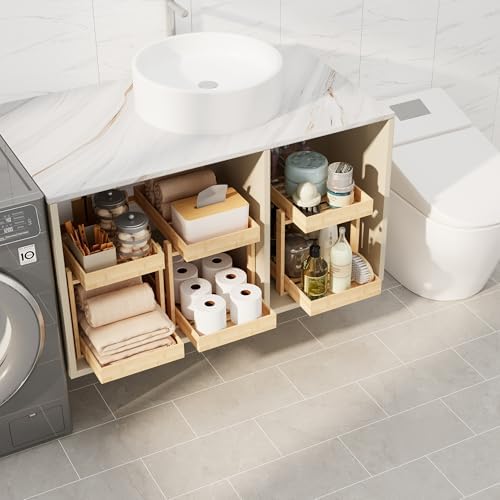 2 Pack Bamboo Under Sink Organizer, 2-Tier Pull Out Storage Drawers