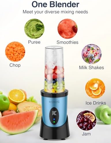 KOIOS Blender for Smoothies, Peak 900W Personal Blender for Kitchen Shakes and Smoothies, with 2×22oz Portable Cups and To-Go Lids, Detachable 4-Leaf Stainless Steel Blade, Nutrition Recipe, Blue - Image 6