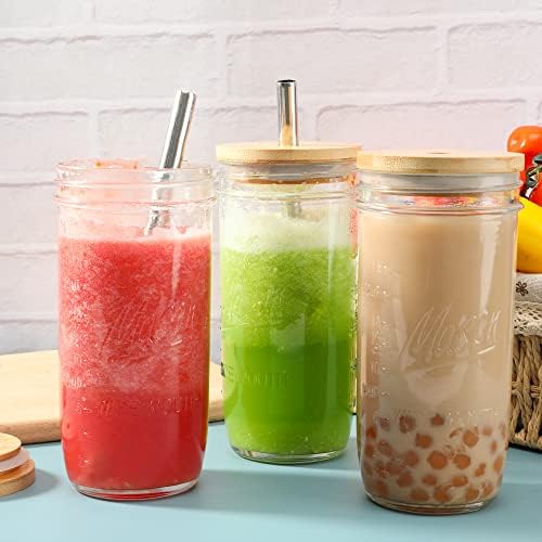 4 Pack Reusable Tea Cups, Glass Jars 24oz Wide Mouth Smoothie Cups with Bamboo Lids and Silver Straws, Drinking Glass Bubble Tea Cups for Iced Coffee Travel Bottle