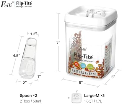 Flip Tite Storage Container with Built-In Spoon & Airtight Lid 5” Large-M Ring Flip Top, Stackable Acrylic Canister for Sugar Flour Powder, Kitchen Pantry Organizer (1.8qt), 2 spoons