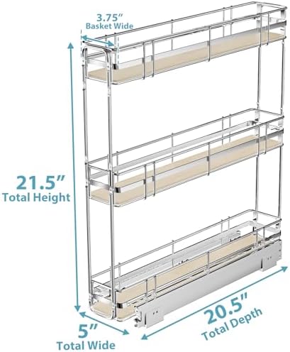 Pull Out Spice Rack Cabinet Organizer 5" W x 20½" D, 3 Tier Heavy Duty Slide Out Wood Shelf for Narrow Cabinet, Pull Out Storage for Kitchen