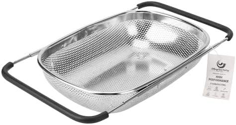 ZDRongZhen Kitchen Accessories Over the Sink Colander Strainer Basket，Stainless Steel Colander with Expandable Rubber Grip Sink Drainer-Rinse Vegetables Fruits &Strain&Drain (Large-Dense round hole)