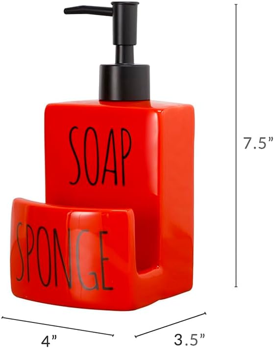 Ceramic soap Dispenser with Sponge Holder for Kitchen Sink Bathroom Counter top Storage and Organization (Red)