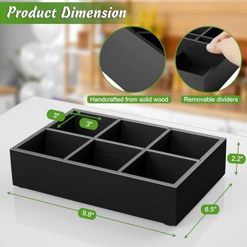 Tea Bag Organizer, Tea Bag Drawer Organizer, Wooden Tea Bag Holder, Tea Chest with 6 Compartments, Tea Organizer Storage Box, Tea Caddy for Tea Bags Organizer, Black