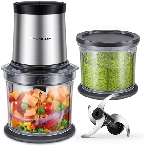 Food Processor 4 Cup, Electric Food Chopper, 【Small but Powerful】Meat Grinder with 2 Bowls, 2 Speed & 4 Blades for Vegetable, Meat, Nuts, Functions for Chopping, Dicing, Mixing and Puree by TWOMEOW