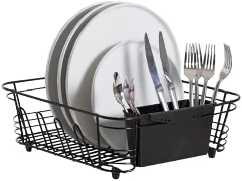 In-Sink Dish Drying Rack, Coated Steel, Black, 14.5 x 13 x 5 Inch, 2-Piece Set with Removable Utensil Caddy and Non-Slip Handles