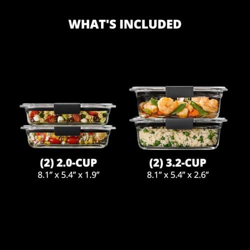 Brilliance Glass Food Storage set of 4 containers 8 total pieces (4 containers + 4 lids) for Lunch Meal Prep and Leftovers Dishwasher and Oven Safe Clear/Grey