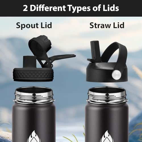 Insulated Water Bottle 24 OZ, Wide Mouth 24 oz Water Bottle with Straw Lid, Spout Lid, Double Wall Vacuum Stainless Steel Leak Proof, Keeps Liquids Hot or Cold (Black)