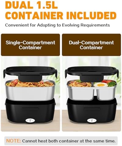 80W Electric Lunch Box Food Warmer for Car/Truck/Office, 110V/24V/12V Portable Heated Lunch Box for Adults, Dual 1.5L Stainless Steel Containers, Leak-Proof & Fast Heating, 3-in-1 Design
