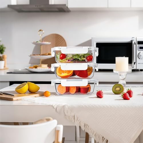 10 Pack 22 oz Glass Meal Prep Containers, Glass Food Storage Containers with Airtight Lids, BPA-Free, Freezer and Microwave Safe, White