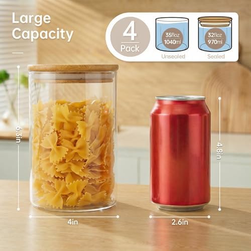 32 oz Round Glass Food Storage Containers with Airtight Bamboo Lids, 4 Pack