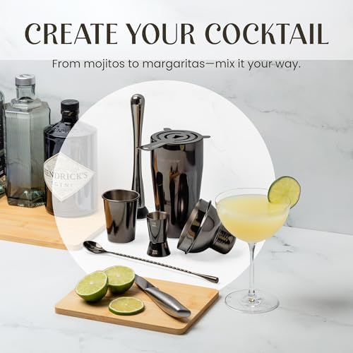 Pro-Graded Cocktail Shaker Set with Stand | Complete Bartender Kit | 24oz Martini Shaker, Jigger, Strainer, Bar Spoon, Tongs, Opener, Muddler, Home Bar Essentials