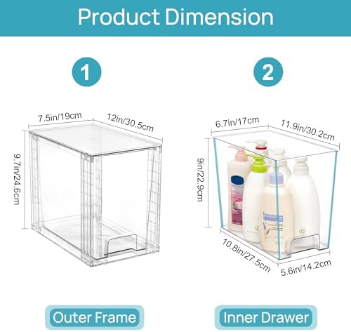 4 Pack Clear Stackable Storage Drawers,9.7" High Plastic Organizers Bins for Skincare, Bathroom Supplies,Ideal for Cabinet,Undersink,Vanity,Kitchen,Pantry Organization