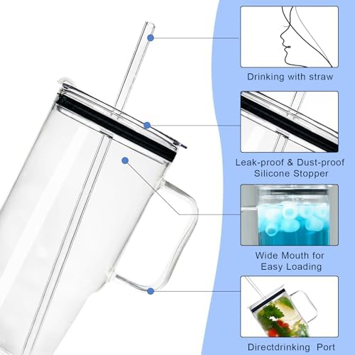 Glass Tumbler with Straws and Lids, 40oz Large Glass Coffee Tumbler with Handle, Clear Water Bottle for Car, Camping, Travel, and Outdoor Activities