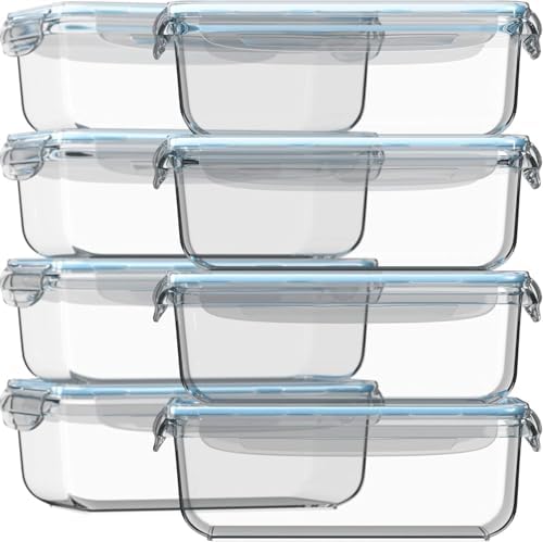 16 Pc (Set of 8) 30 Oz Glass Meal Prep Containers with Lids, Airtight Large Glass Food Storage Containers, Reusable Leak Proof BPA Free, Freezer to Oven and Dishwasher Safe