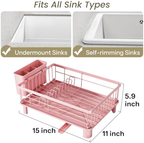 Dish Drying Rack for Small Kitchen Counter, 11" W x 15" L, Pink