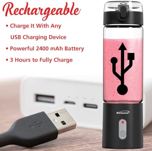 Brentwood 50-Watt 17-Oz. Portable Battery-Operated USB-Chargeable Glass Blender (Black) - Image 2