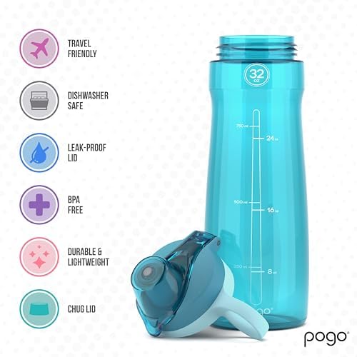 Pogo BPA-Free Plastic Water Bottle with Chug Lid, Blue Atoll, 32 oz. - Image 4