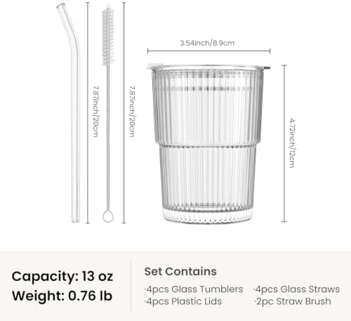 13oz Glass Tumbler with Lid and Straw 4 Pack - Ribbed Glass Cup Iced Coffee Glasses, Clear Leakproof Tumbler Cup for Smoothies, Iced Latte,Matcha, Cold Drinks