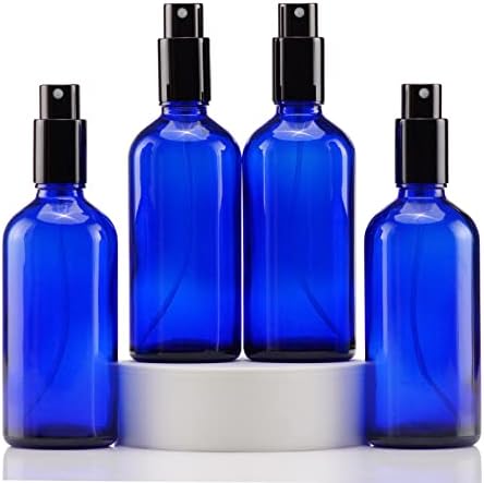 YIZHAO Blue Glass Spray Bottles 4oz, with Small Fine Mist Spray, Metal Cap, Refillable for Essential Oil,Travel,Cleaning,Perfume,Aromatherapy,Makeup – 4 Pcs by YizhaoGlassSprayandDropperBottles