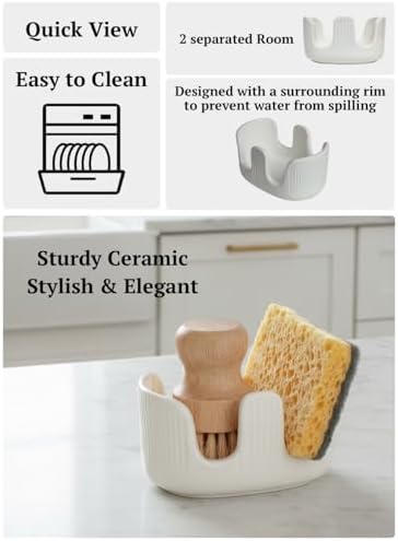 Ceramic Sponge Holder, 2-Slot Dish Sponge Holder for Kitchen Sink, Keeps Sponges Dry & Countertop Clean, Rust-Free & Dishwasher Safe, Stylis Design, Dishwasher Safe, White