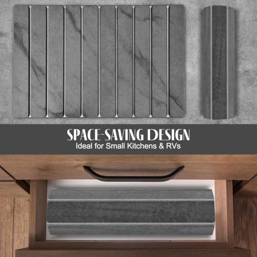 2 PCS Large Stone Dish Drying Mat for Kitchen Counter, 24"×16" Marble-Pattern Dish Drying Mat with 8"x 4" Coasters, Non - Slip Collapsible Absorbent Mat for Multi - Purpose, Match Any Countertop【Gray】
