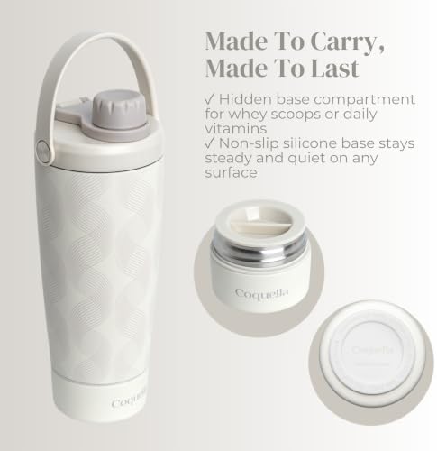 Elanelle 20oz Insulated Stainless Steel Shaker Bottle with Storage Base, Strainer Lid Protein Shaker Cup for Gym, Ball-Free Quiet Mixing, Carry Handle, BPA-Free, Gray (Gray Wave) - Image 3