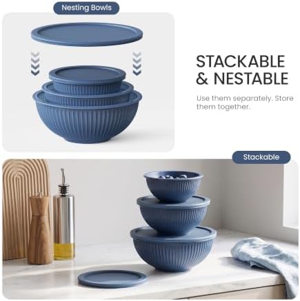 GENICOOK 3 Set Blue Ribbed Glass Mixing Bowls Set with Lids, BPA Free - Image 4