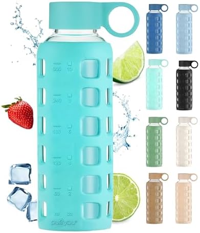 40oz / 32oz / 22oz / 12oz Borosilicate Glass Water Bottle with Time & Volume Markers, Silicone Sleeve, Stainless Steel Lid | Reusable Glass Bottle for Water & Juice