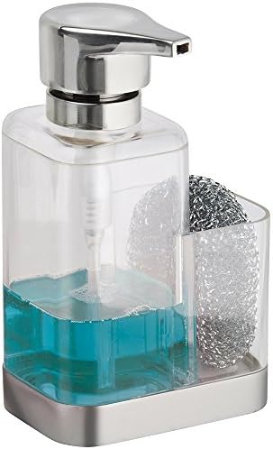 Modern Plastic Kitchen Sink Countertop Liquid Hand Soap Dispenser Pump Bottle Caddy with Storage Compartment - Holds and Stores Sponges, Scrubbers and Brushes - Clear/Brushed