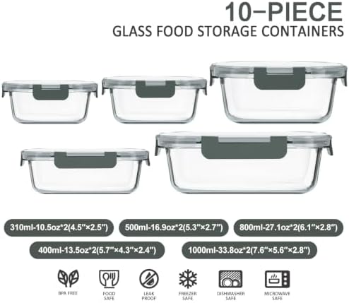 10 Pack Glass Food Storage Container with Lids,Gray