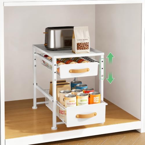 2 Tier Pull Out Cabinet Organizers, Stackable Slide out Drawers, with Sliding Storage Drawer for Kitchen and Bathroom Cabinet Storage, Under Sink or Pantry Organization, White