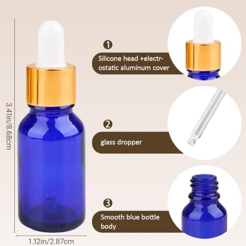 1/2 oz Blue Glass Dropper Bottles,15ml Leakproof Tincture Bottles with Funnels, Eye Droppers, Labels, Refillable Empty Bottle for Tinctures, Essential Oils - Image 2