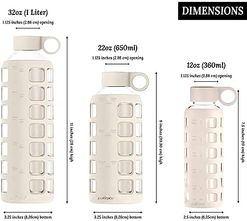 40oz / 32oz / 22oz / 12oz Borosilicate Glass Water Bottle with Time & Volume Markers, Silicone Sleeve, Stainless Steel Lid | Reusable Glass Bottle for Water & Juice