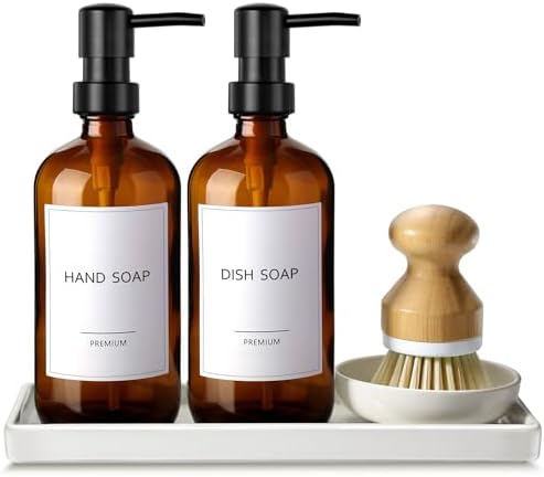Dish Soap Dispenser, 16 Oz Kitchen Soap Dispenser Set with Ceramic Tray & Bamboo Brush, 2 Pack Thick Amber Glass Soap Dispenser, Farmhouse Refillable Hand and Dish Liquid Soap Pump Bottle Set