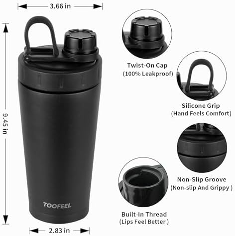 TOOFEEL Stainless Steel Shaker Bottle - 20 oz Double Walled Insulated Shaker Cup, Keeps Cold/Hot, For Protein Mixes & Gym Workout - Image 4