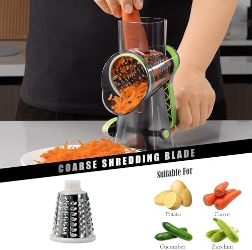 Badelite Cheese Grater Hand Crank Rotating Cheese Shredder Stainless Steel Vegetable Slicer Grater for Kitchen 3 Blades for Cheese, Carrot, Cucumber, Nuts, Chocolate, Green - Image 3
