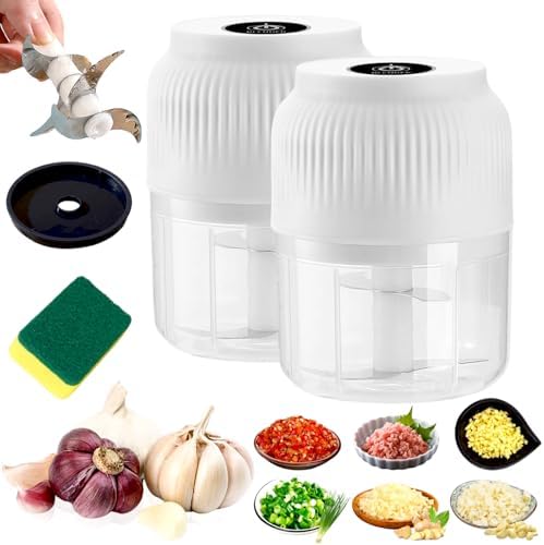 300ml Capacity Electric Garlic Chopper, Mini Portable Veggie Cutter, 4 Sharp Stainless Steel Blades Mini Electric Food Chopper, Compact Size, Easy to Clean, One-Touch Operation (White-2pcs) by Dododox