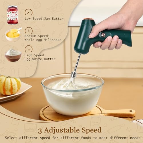 Cordless Hand Mixer, Handheld Electric Whisk with 3 Speed Modes, Hand Held Egg Beater with 2 Detachable Stir Whisks (Green) - Image 4