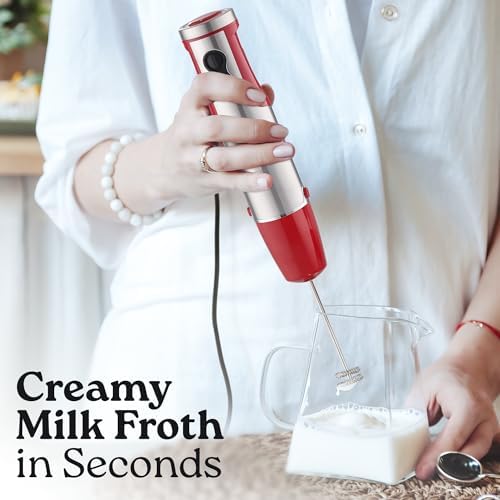 4-in-1 Immersion Blender 800W Hand Blender Set with Whisk, Milk Frother & 600ml Cup, 12-Speed Stick Blender with Turbo Mode for Soups, Smoothies, Sauces, Purees & Baby Food (Red)