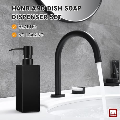 Black Soap Dispenser, Hand Soap Dispenser Bathroom, 12oz Glass Soap Dispenser with Stainless Steel Pump, Liquid Dish Soap Dispenser for Kitchen, Modern Bathroom/Kitchen Soap Dispenser Set