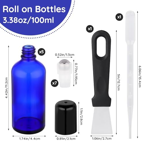 Segbeauty 3.4oz Thick Glass Roller Bottles for Essential Oils, 5pcs Blue Empty Rollerball Bottles for Oil, 100ml Refillable Roller Ball Applicator for Perfume Oil Eye Essence, Glass Roll On Bottle - Image 3