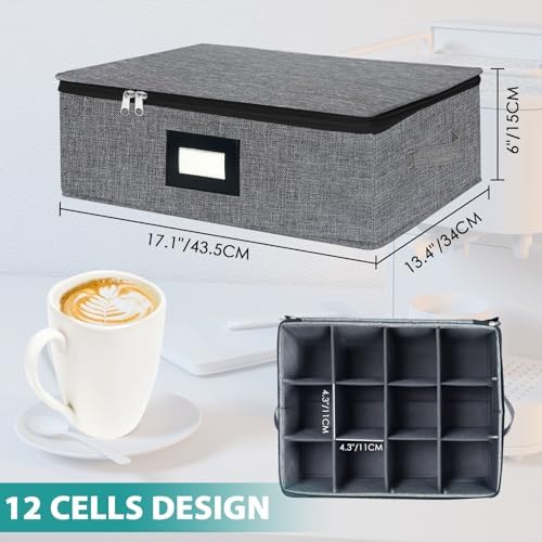 Mug and Cup Storage Box with Dividers, Coffee Mug Storage Case China Storage Containers Hard Shell with Lid and Handles, Stackable for 12 Coffee Mugs, Tea Cups, Moving & Packing (Dark Grey)