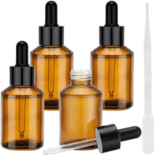 Segbeauty 2oz Amber Glass Dropper Bottles for Travel Toiletries, 4pcs Small Refillable Perfume Oil Bottles with Dropper, 60ml Travel Eye Droppers, Cosmetic Liquids Serum Container with Transfer Tool by Segbeauty