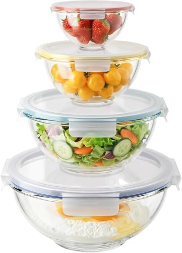 GENICOOK 4Set Nesting Glass Mixing Bowl Set with Airtight Lids BPA Free by GENICOOK