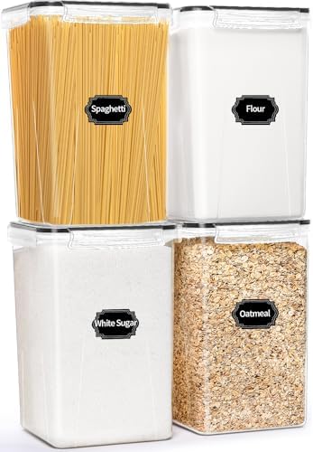 4 Pack Extra Large Airtight Food Storage Containers with Lids (6.5L / 220 oz), BPA Free Plastic Kitchen and Pantry Organization Contianers for Cereal Flour and Sugar Storage, Labels & Marker