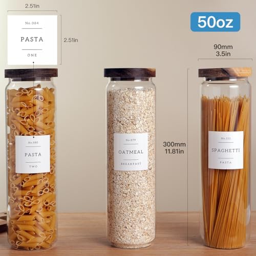 3 Set Glass Pantry Storage Jars with Acacia Airtight Lid - 50oz Thicken Glass Kitchen Canisters with 132 Pantry Labels - Tall Food Storage Containers with Wood Lid for Pasta,Spaghetti,Cereal