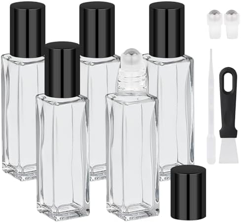 Segbeauty 0.34oz Glass Essential Oil Roller Bottles, 5pcs 10ml Roll On Bottles, Refillable Anointing Oil Bottle with Dispensing Tool Kit, Light Gray Perfume Bottle Empty, Travel Size Containers by Segbeauty